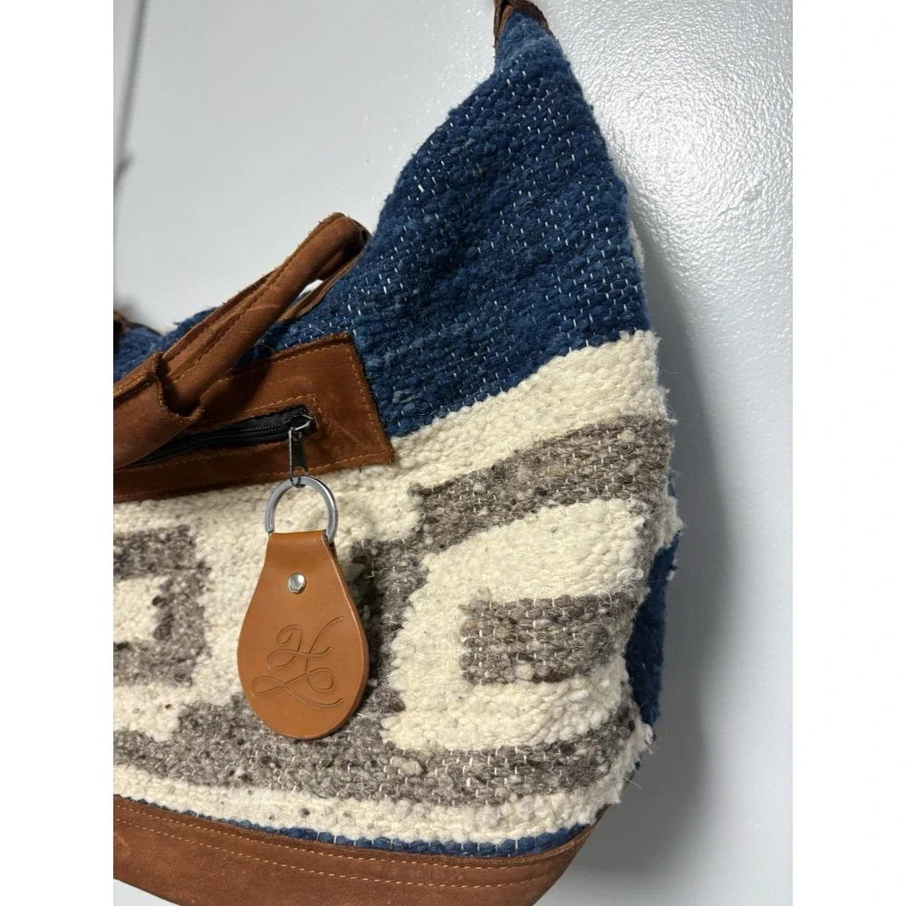 Humble Hilo Leather Wool Boho Satchel Crossbody Bag Cream Blue Gray‎ Purse